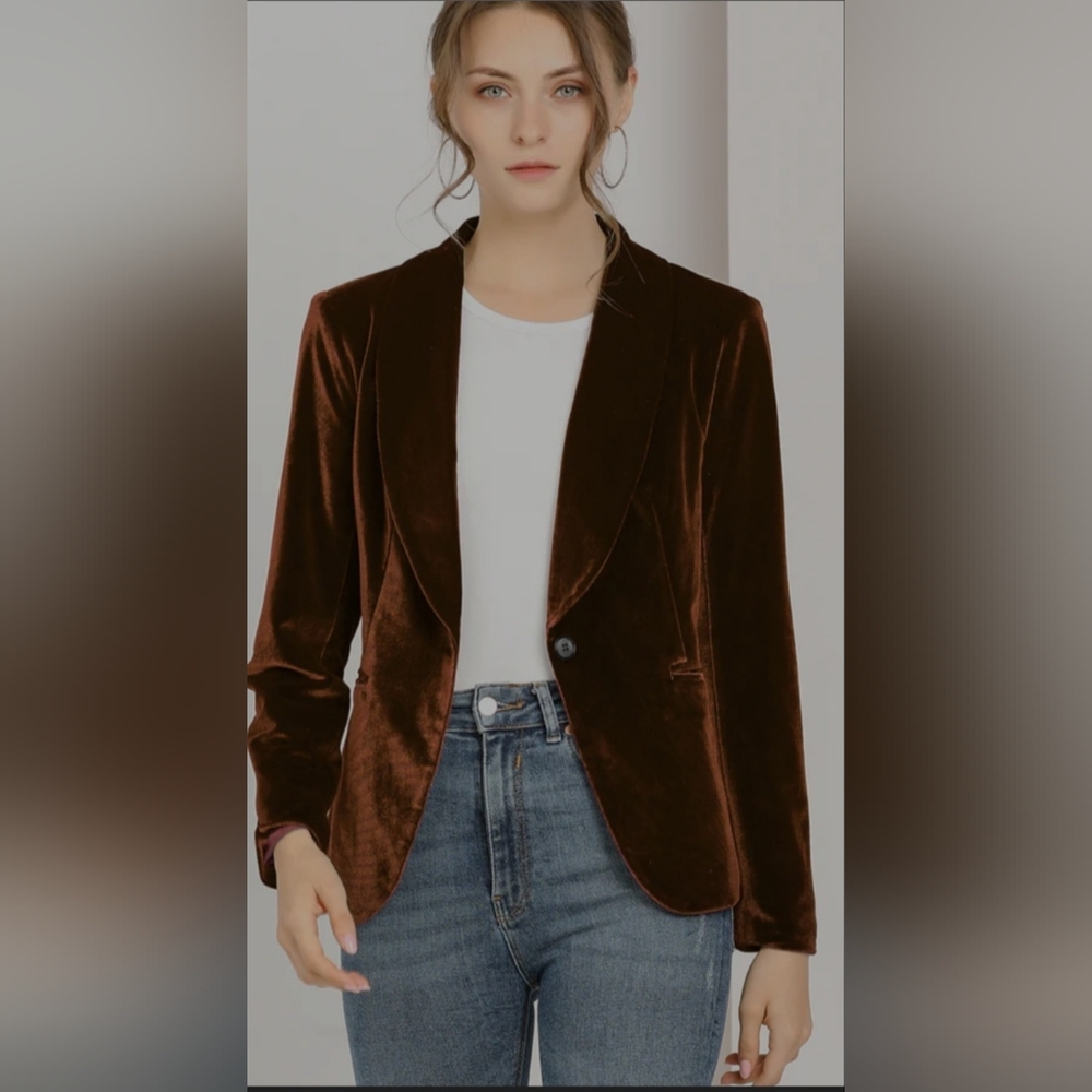 Allegra K | Solid Shawl Collar Single Button Brown Velvet Blazer | Size S